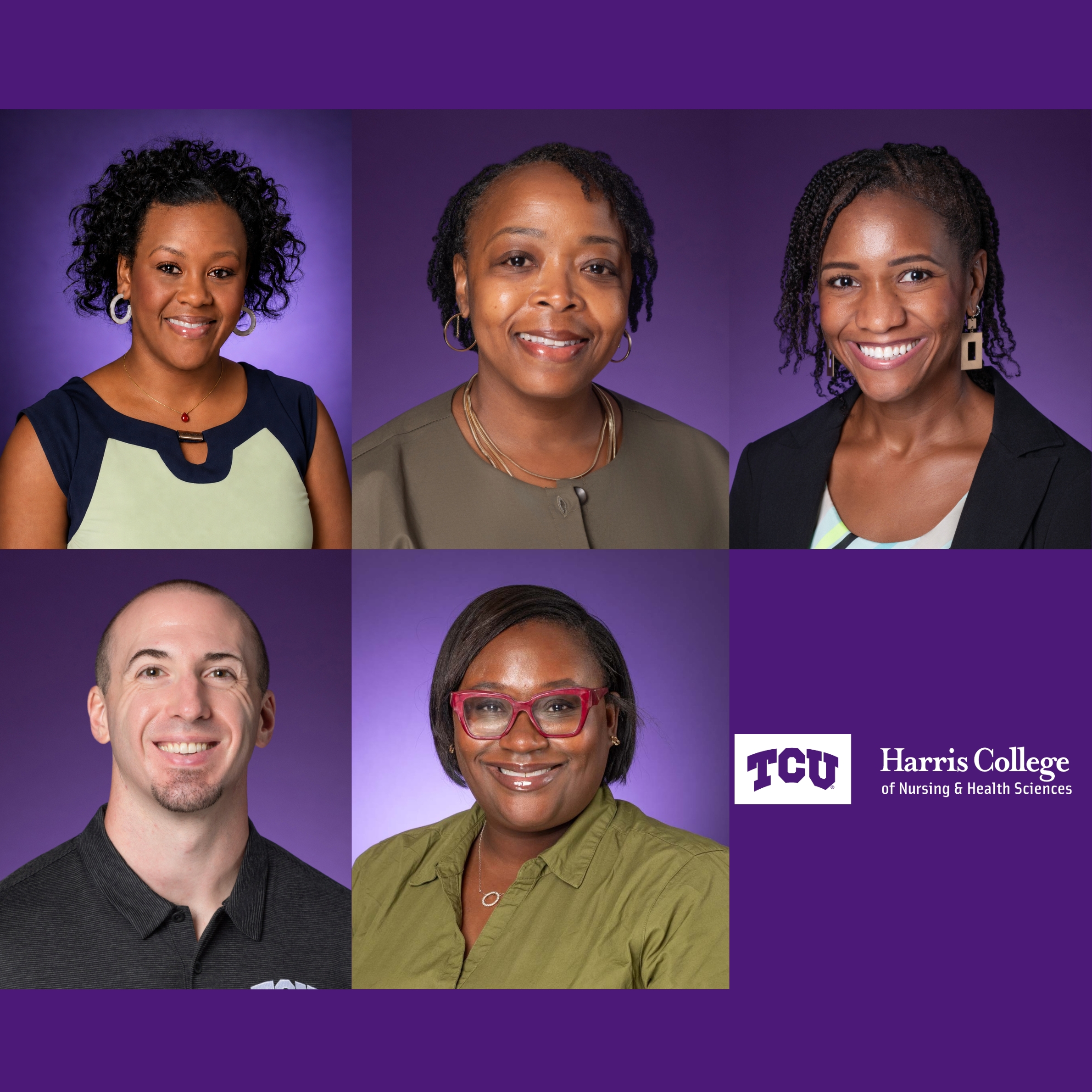 A collage features the five new faculty members joining TCU's Harris College of Nursing & Health Sciences for Fall 2026. The design includes five professional headshots arranged on a purple background, with one faculty member centered and four surrounding them. Each person is smiling and dressed in professional attire, representing the college's newest additions across its academic programs.