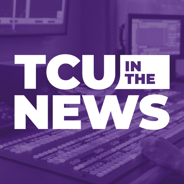 TCU in the News in white letters, with a purple transparent background that has computer screens and a soundboard.